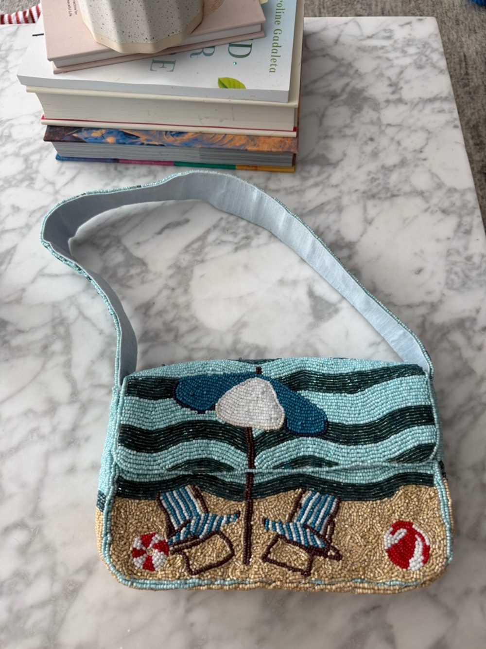 Beaded Beach Scene Bag in Light Blue